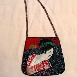 Vintage Chico’s Beaded Geisha Shoulder Bag Multicolor Zip Top Purse